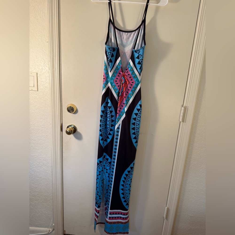 Spaghetti-Strap Maxi Dress in Pink and Blue Geometric Print - Picture 4 of 11